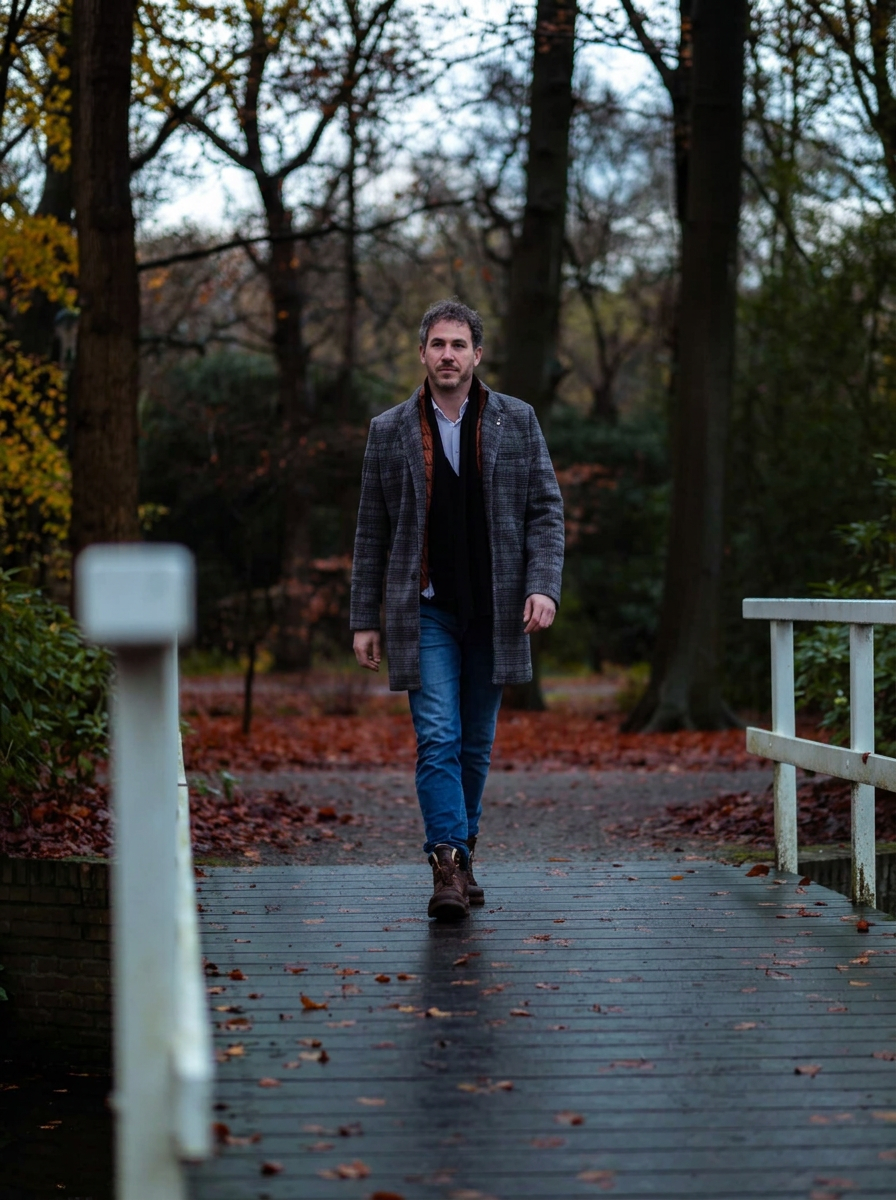 Nils loopt over een brug in een herfstbos